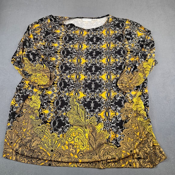 Susan Graver Tops - Susan Graver Liquid Knit Tunic Top 2X Black Yellow Paisley Damask 3/4 Sleeve